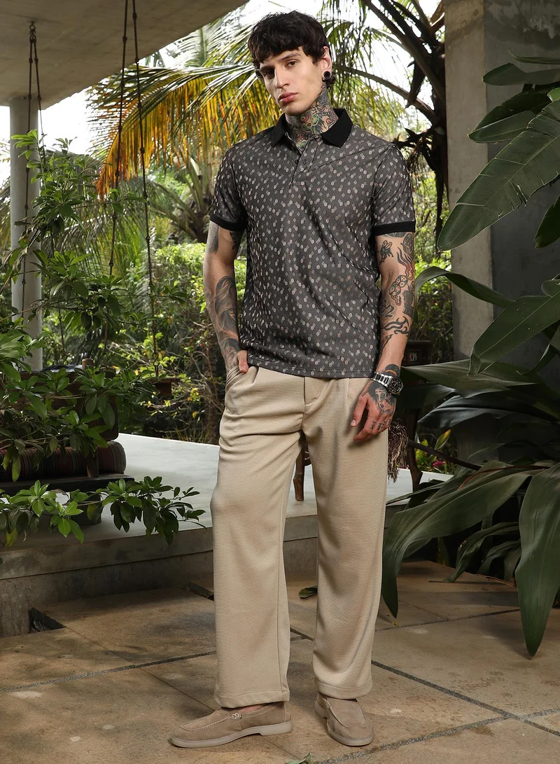 Campus Sutra Men's Onyx Black Shadowed-Polka Polo T-Shirt For Casual Wear | Polo Neck | Short Cuffed Sleeves | Half-Button Closure | T-Shirt Crafted With Comfort Fit For Everyday Wear