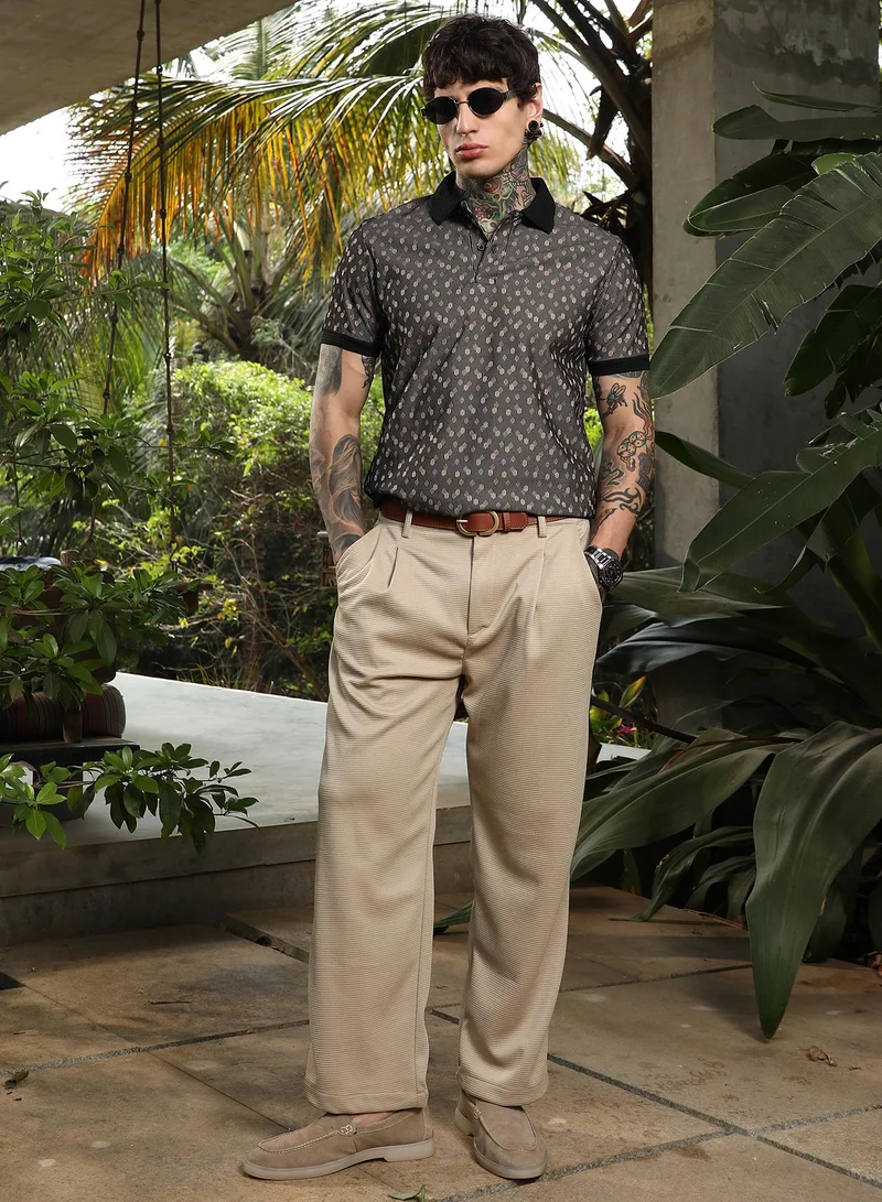 Campus Sutra Men's Onyx Black Shadowed-Polka Polo T-Shirt For Casual Wear | Polo Neck | Short Cuffed Sleeves | Half-Button Closure | T-Shirt Crafted With Comfort Fit For Everyday Wear