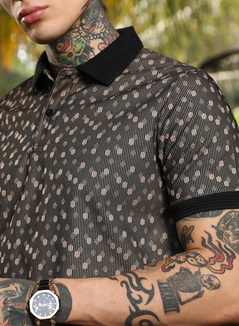 Campus Sutra Men's Onyx Black Shadowed-Polka Polo T-Shirt For Casual Wear | Polo Neck | Short Cuffed Sleeves | Half-Button Closure | T-Shirt Crafted With Comfort Fit For Everyday Wear