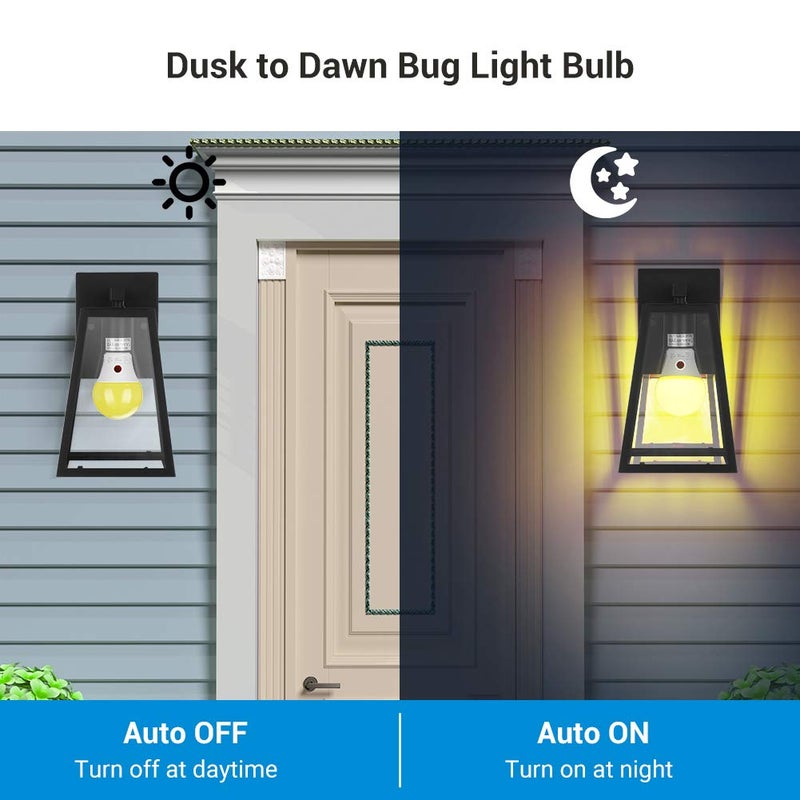 DEWENWILS A19 Dusk to Dawn LED Outdoor Light Bulb, Yellow Bug Light Bulbs for Outside, 2000K Amber Glow, 9W Equivalent 60W, E26 Base, LED Amber Light Bulbs for Porch, Patio, Backyard, 4 Pack UL Listed - Image 2