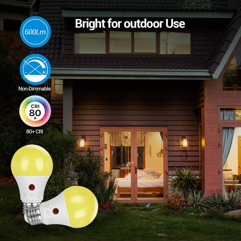 DEWENWILS A19 Dusk to Dawn LED Outdoor Light Bulb, Yellow Bug Light Bulbs for Outside, 2000K Amber Glow, 9W Equivalent 60W, E26 Base, LED Amber Light Bulbs for Porch, Patio, Backyard, 4 Pack UL Listed - Image 4