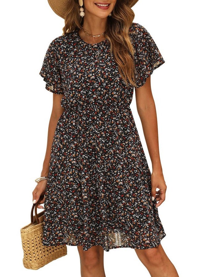 Manydress Women's Chiffon Floral Dresses Casual Summer Boho Flutter Sleeve Flowy Skater Western Dress MY112, Navy Print, M - Image 1
