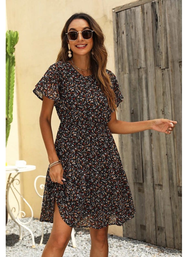 Manydress Women's Chiffon Floral Dresses Casual Summer Boho Flutter Sleeve Flowy Skater Western Dress MY112, Navy Print, M - Image 3
