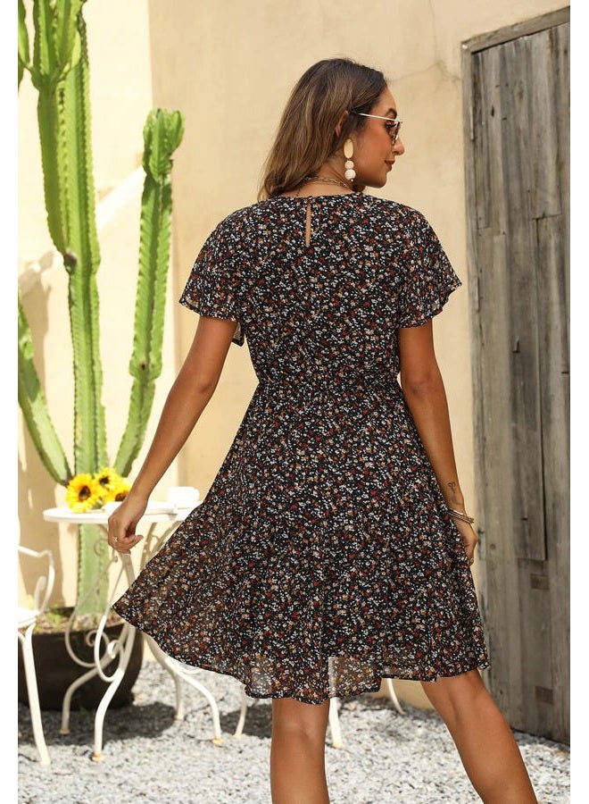 Manydress Women's Chiffon Floral Dresses Casual Summer Boho Flutter Sleeve Flowy Skater Western Dress MY112, Navy Print, M - Image 2