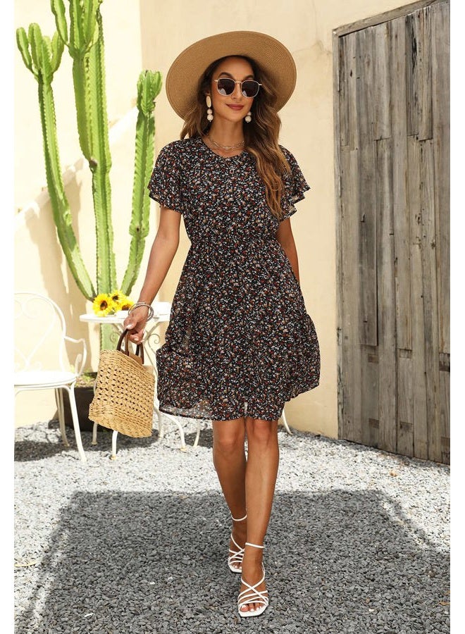 Manydress Women's Chiffon Floral Dresses Casual Summer Boho Flutter Sleeve Flowy Skater Western Dress MY112, Navy Print, M - Image 5