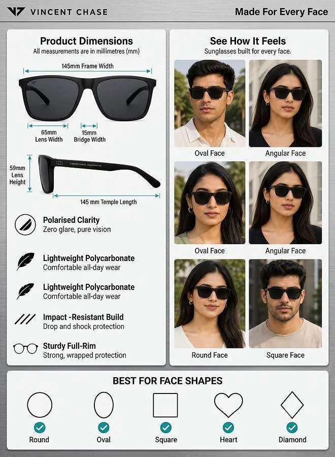 Vincent Chase  Vincent Chase by Lenskart | ATHLEISURE | Wayfarer Frame Polarized and UV Protected Sunglasses | Men and Women | Wide | VC S14525  | Best Price UAE