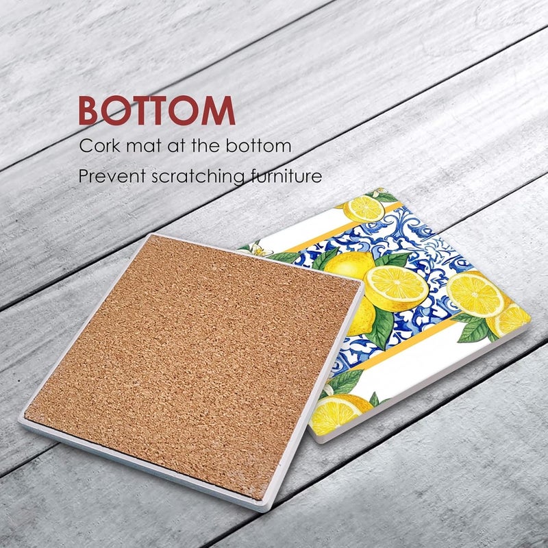 Bribay Coasters for Drinks Set of 6, Yellow Lemon Fruit Blue Ceramic Tiles Pattern Absorbent Square Ceramic Stone Mat, with Cork Base and Metal Holder, Gift for Housewarming Room Bar Decor - Image 3