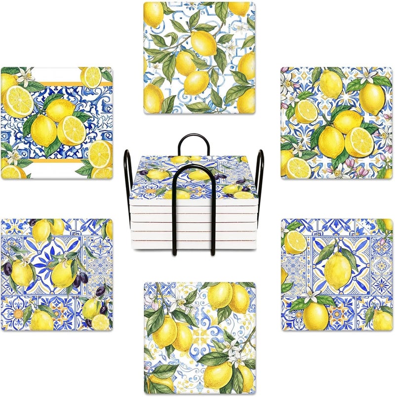 Bribay Coasters for Drinks Set of 6, Yellow Lemon Fruit Blue Ceramic Tiles Pattern Absorbent Square Ceramic Stone Mat, with Cork Base and Metal Holder, Gift for Housewarming Room Bar Decor - Image 1