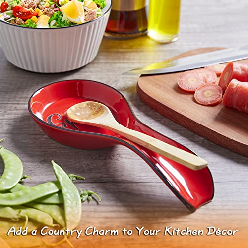 DAYYET Ceramic Spoon Rest for Stove Top, DAYYET Large Spoon Holder, Spoon Rest for Kitchen Counter, Utensil Rest for Ladles, Spatula, Tong, Red Kitchen Decor and Accessories - Image 2