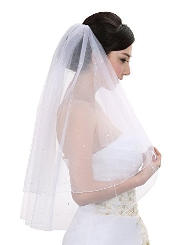 SAMKY 2T 2 Tier Pencil Edge Center Gathered Rhinestone Veil - White Fingertip Length 36" V249 - Image 1