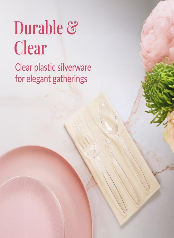 Prestee 300-Piece Plastic Cutlery Set - 100 Each of Clear Plastic Forks, Knives, Spoons - Heavy Duty Silverware for Parties - Disposable Utensils for Weddings and Buffets - Image 2