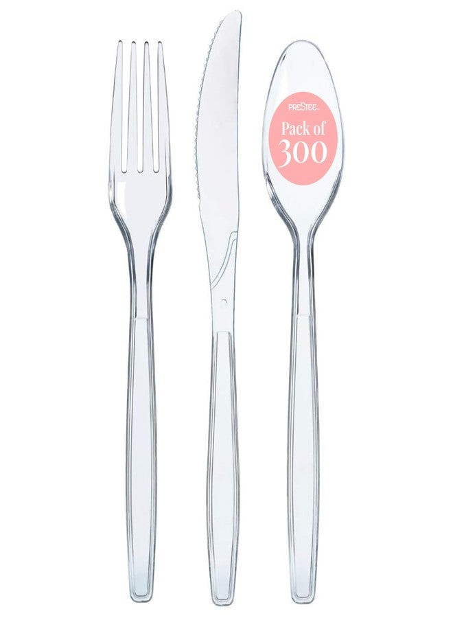 Prestee 300-Piece Plastic Cutlery Set - 100 Each of Clear Plastic Forks, Knives, Spoons - Heavy Duty Silverware for Parties - Disposable Utensils for Weddings and Buffets - Image 1