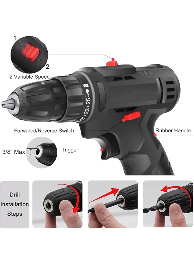WEMART 12V Cordless Drill Set Power Drill With Battery And Charger Electric Drill 3 8 Inch Keyless Chuck With 24 Accessories 2 Speed 25+3 Position Compact Drill Driver Kit For Home And Diy Project - Image 3
