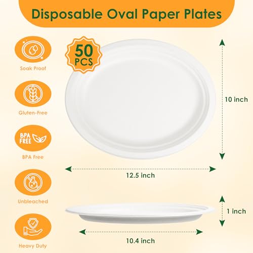 FEHHTO 100% Compostable Oval Paper Plates, 12.5Inch 50Pack Disposable Heavy Duty Bagasse Platters Eco-Friendly Biodegradable Sugarcane Plates for BBQ, Party, Picnic - Off White - Image 2