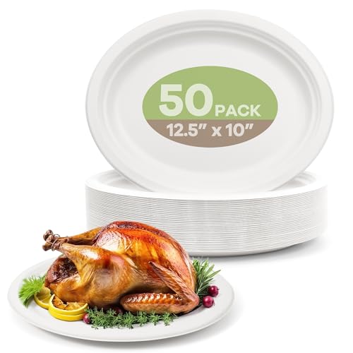 FEHHTO 100% Compostable Oval Paper Plates, 12.5Inch 50Pack Disposable Heavy Duty Bagasse Platters Eco-Friendly Biodegradable Sugarcane Plates for BBQ, Party, Picnic - Off White - Image 1