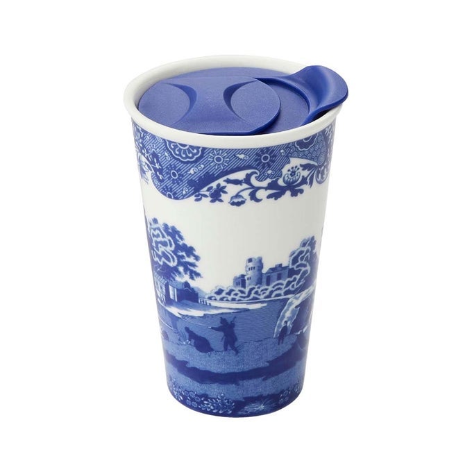 BLUE ITALIAN 8OZ PORCELAIN TRAVEL MUG WITH LID SCENIC PATTERNED DRINKWARE WITH DECORATIVE BORDER PORTABLE CERAMIC COFFEE CUP FOR BRUNCH TEA ONTHEGO HOT BEVERAGE MOMENTS