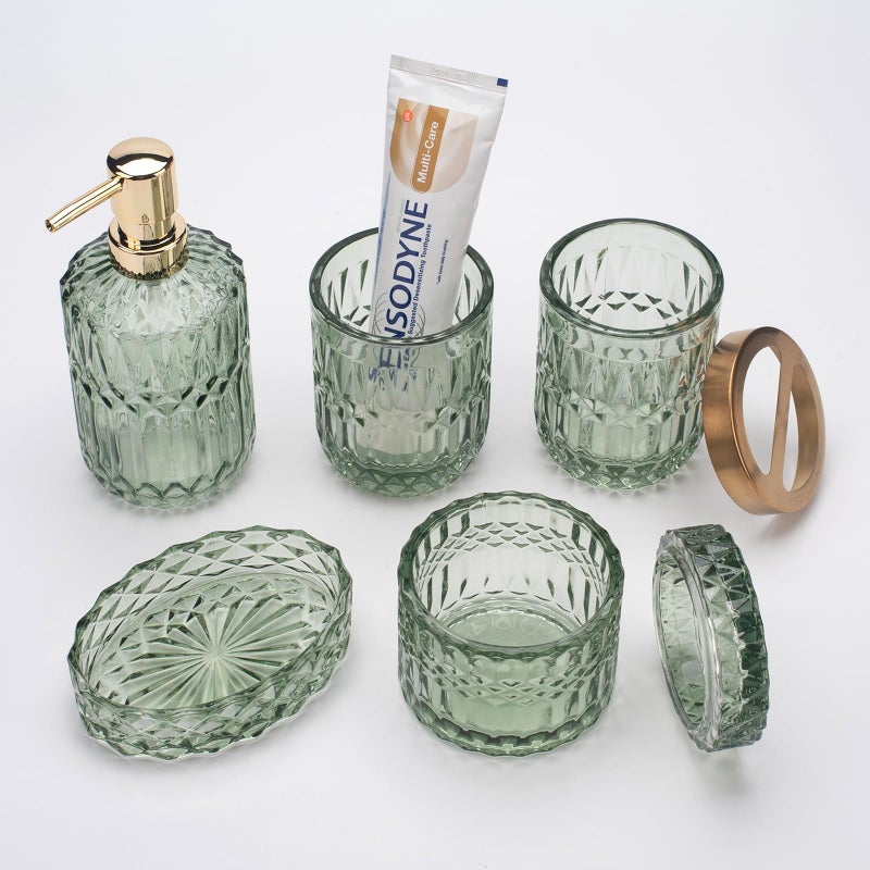 IVAILEX 5PCS Green Glass Bathroom Accessories Sets of Lotion Dispenser, Soap Dish, Toothbrush Holder, Tumbler, Cotton Swab Jars, Modern Bath Decor, Vintage Gift - Image 3
