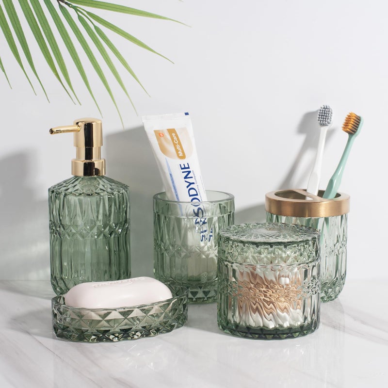 IVAILEX 5PCS Green Glass Bathroom Accessories Sets of Lotion Dispenser, Soap Dish, Toothbrush Holder, Tumbler, Cotton Swab Jars, Modern Bath Decor, Vintage Gift - Image 4