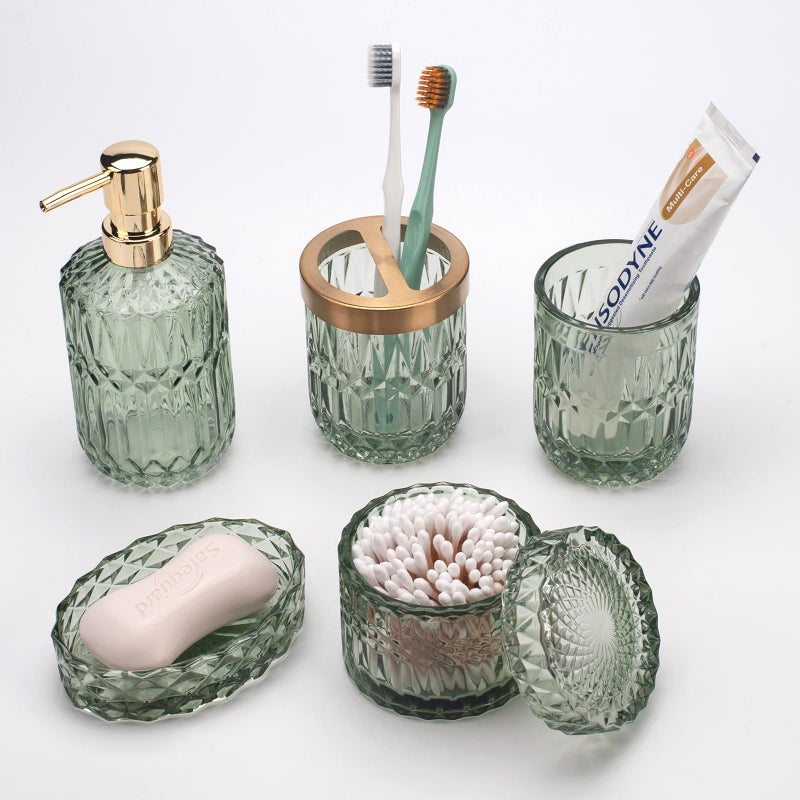 IVAILEX 5PCS Green Glass Bathroom Accessories Sets of Lotion Dispenser, Soap Dish, Toothbrush Holder, Tumbler, Cotton Swab Jars, Modern Bath Decor, Vintage Gift - Image 2