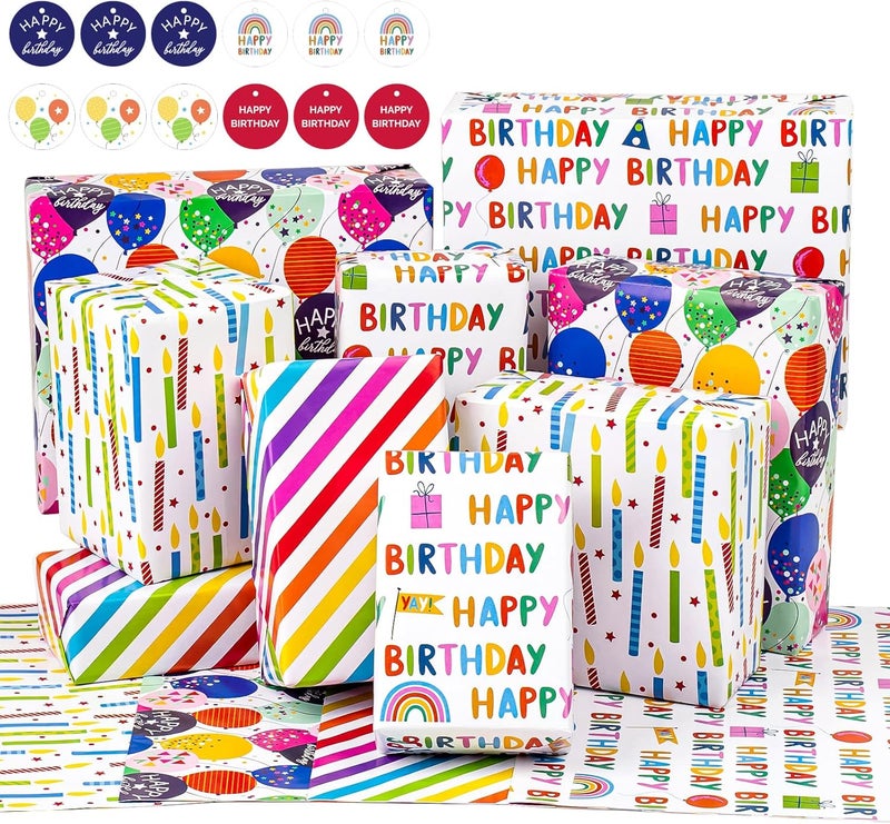 Birthday Wrapping Paper Sheet - 12 Sheets with Gift Tags for Parties and Baby Showers - Image 2