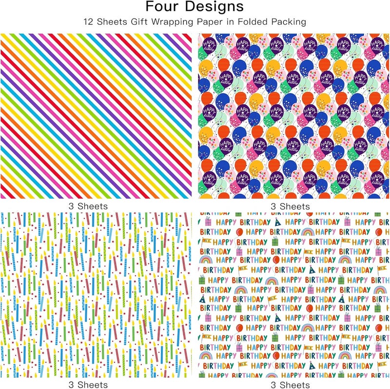 Birthday Wrapping Paper Sheet - 12 Sheets with Gift Tags for Parties and Baby Showers - Image 5
