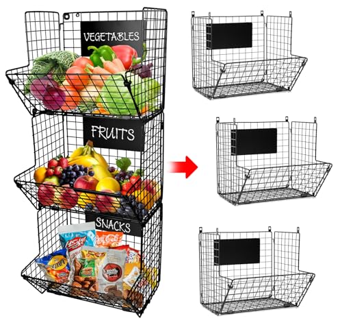 Culinary Couture 3-Tier XL Wall Hanging Fruit Baskets for Kitchen Organizing Fruits and Vegetables, Heavy-Duty Wall Basket for Storage with Chalkboards & S-Hooks, Wire Hanging Fruit Basket for Kitchen & Pantry - Image 1