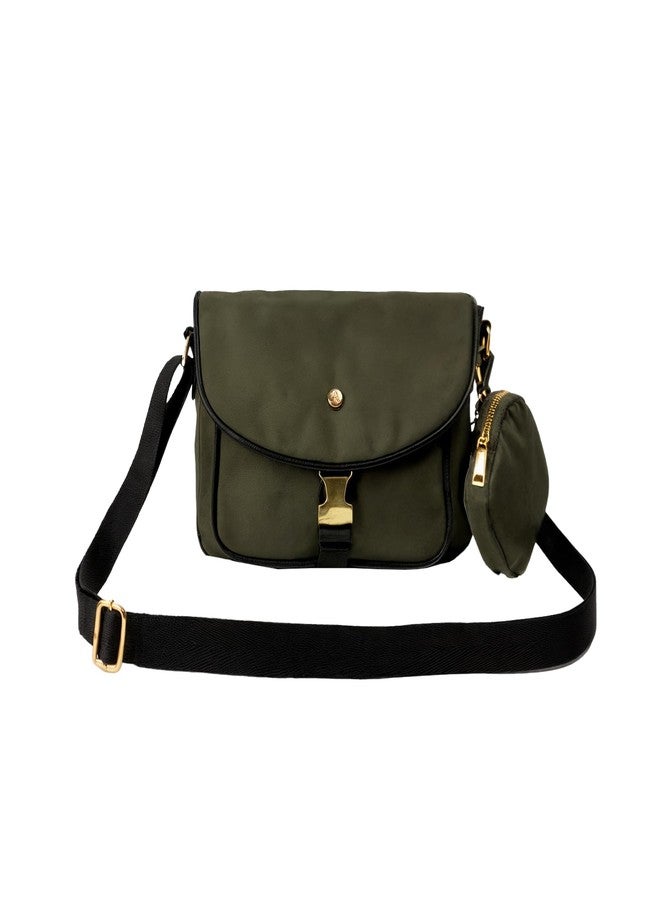 أكسيسورايز حقيبة كتف صغيرة من النايلون باللون الأخضر الزيتوني من أكسسورايز لندن للنساء | مقاومة للماء مع حزام كتف قابل للفصل | حقيبة يد أنيقة للاستخدام اليومي والسفر - Image 1