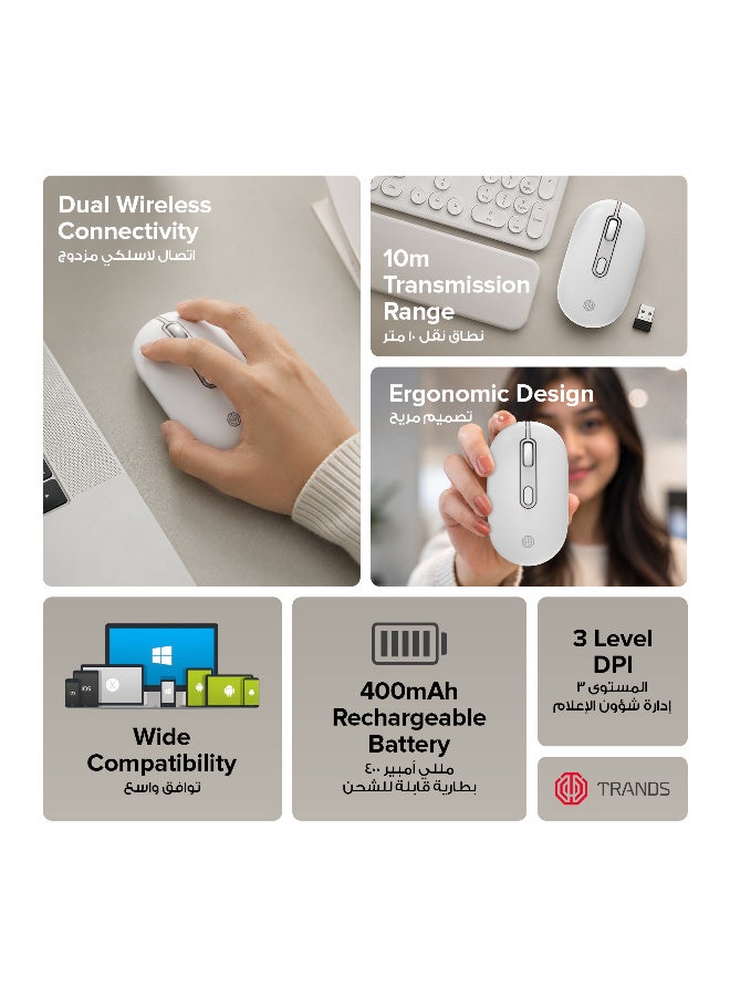 Trands Dual Wireless Rechargeable Mouse - 2.4GHz & Bluetooth Connectivity, Ergonomic Design, 3-Level Adjustable DPI, 400mAh Battery, 10m Range - White - Image 2