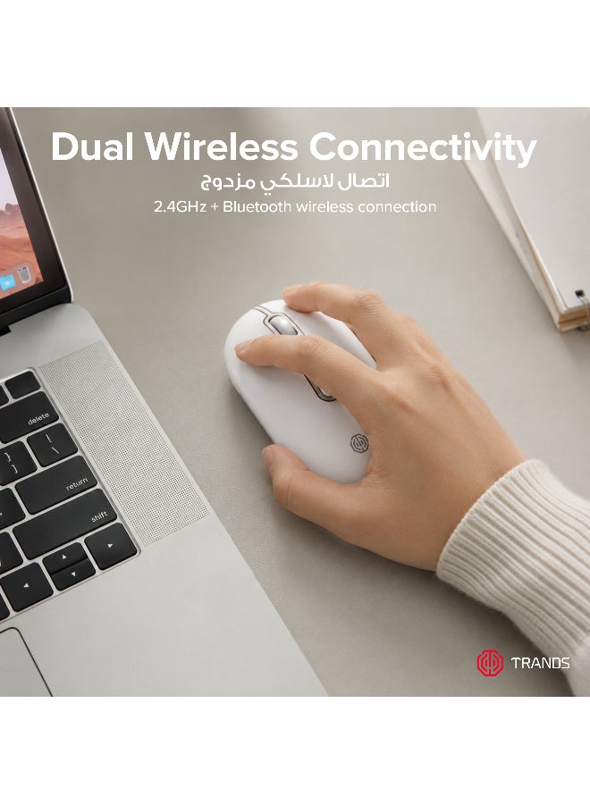 Trands Dual Wireless Rechargeable Mouse - 2.4GHz & Bluetooth Connectivity, Ergonomic Design, 3-Level Adjustable DPI, 400mAh Battery, 10m Range - White - Image 3