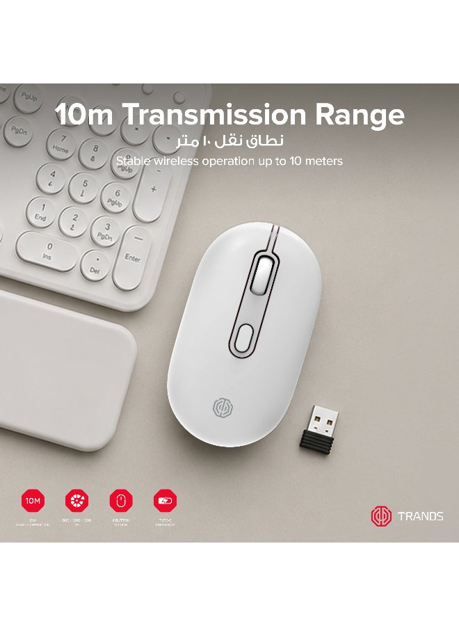 Trands Dual Wireless Rechargeable Mouse - 2.4GHz & Bluetooth Connectivity, Ergonomic Design, 3-Level Adjustable DPI, 400mAh Battery, 10m Range - White - Image 4