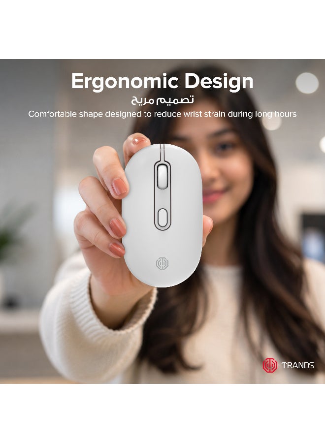Trands Dual Wireless Rechargeable Mouse - 2.4GHz & Bluetooth Connectivity, Ergonomic Design, 3-Level Adjustable DPI, 400mAh Battery, 10m Range - White - Image 5