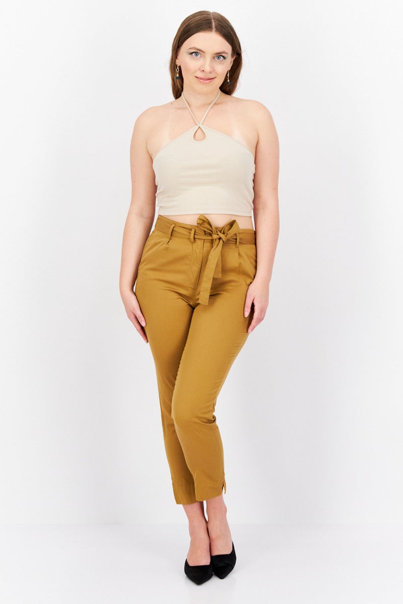 Grifoni Women Regular Fit Plain Belt Tapered Pants, Tan - Image 4