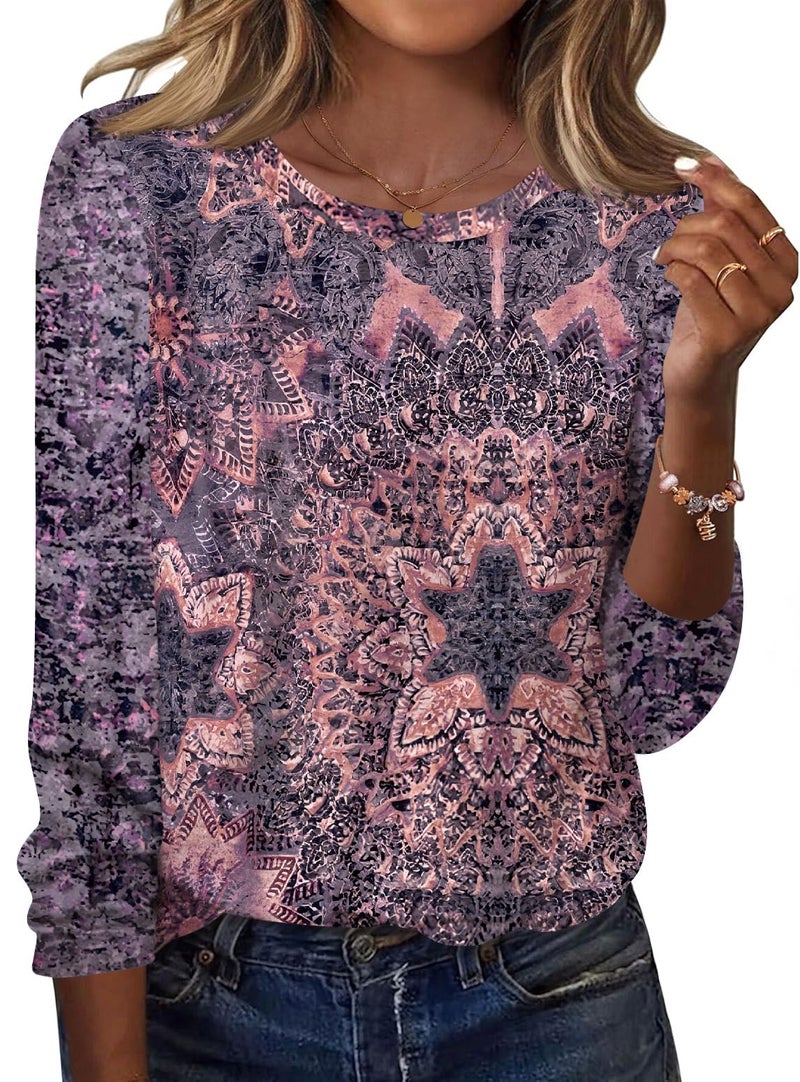 TCOT Womens Long Sleeve Shirts Spring Crew Neck Dressy Casual Blouses Tunic Tops for Leggings Purple Pink Floral M - Image 1