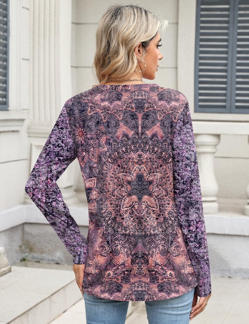 TCOT Womens Long Sleeve Shirts Spring Crew Neck Dressy Casual Blouses Tunic Tops for Leggings Purple Pink Floral M - Image 3
