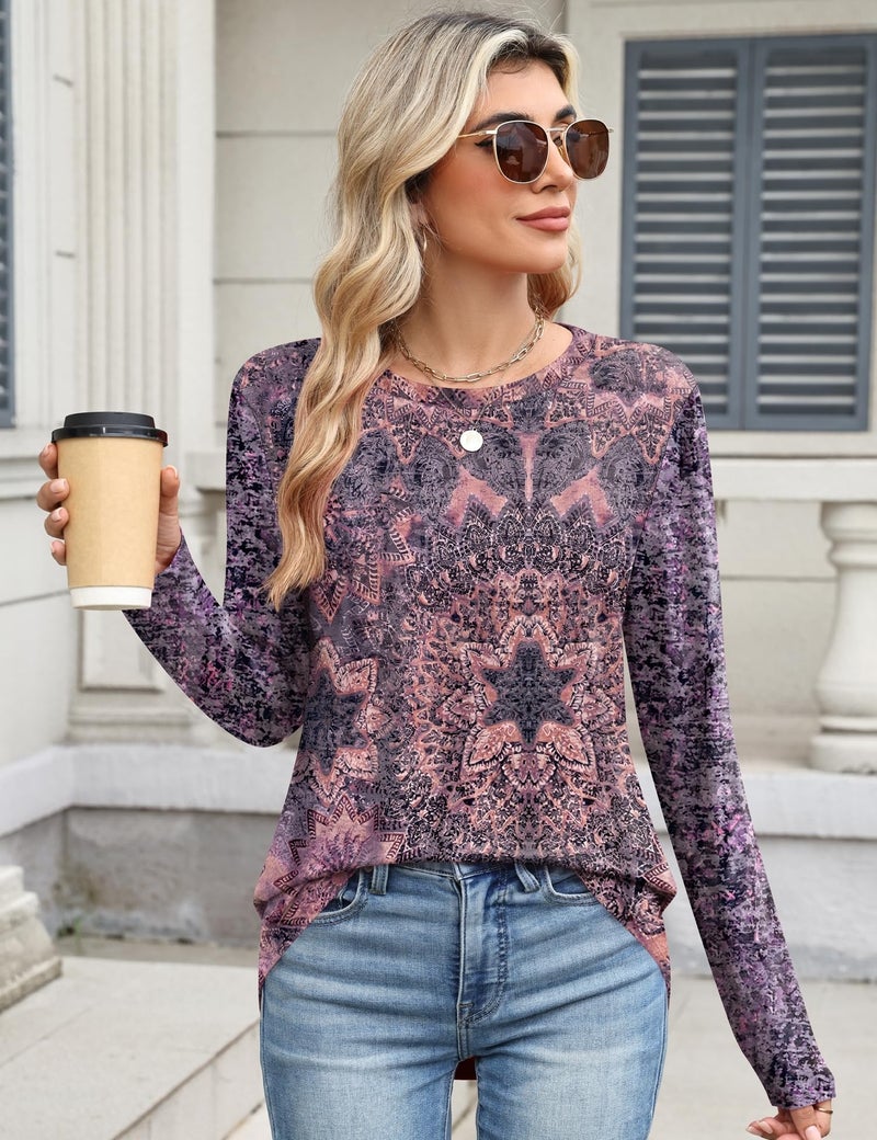 TCOT Womens Long Sleeve Shirts Spring Crew Neck Dressy Casual Blouses Tunic Tops for Leggings Purple Pink Floral M - Image 2