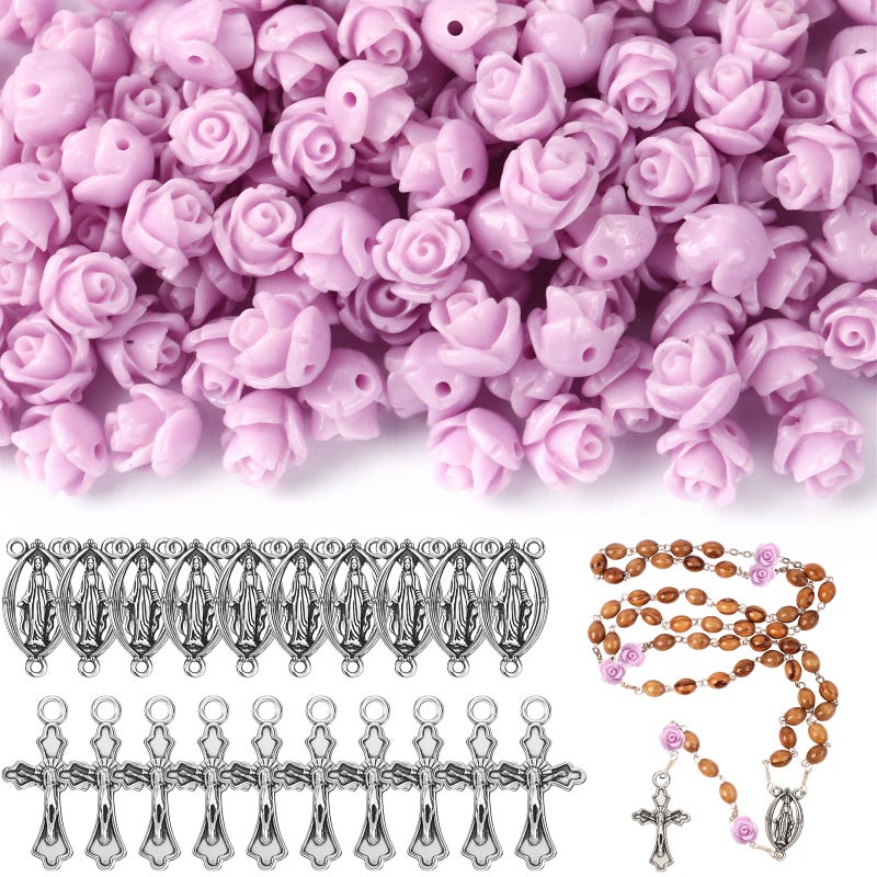 Sureio 140 قطعة لوازم صنع المسبحة خرز الورد المنحوت مجموعة خرز الزهور قطعة مركزية صليب ميدالية صليب فضي تمثال يسوع مريم قلادة لسوار قلادة بنفسجي