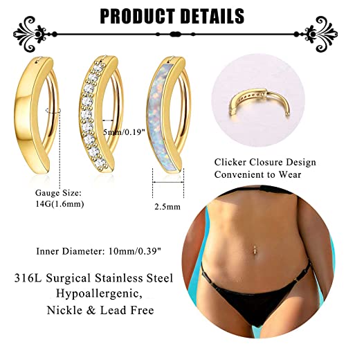 Jstyle 3Pcs 14G Clicker Belly Button Ring for Women Gold 316L Surgical Steel Belly Rings Cute CZ Opal Small Hoop Belly Button Rings Simple Reverse Navel Rings Body Belly Piercing Jewelry Gold Tone - Image 2
