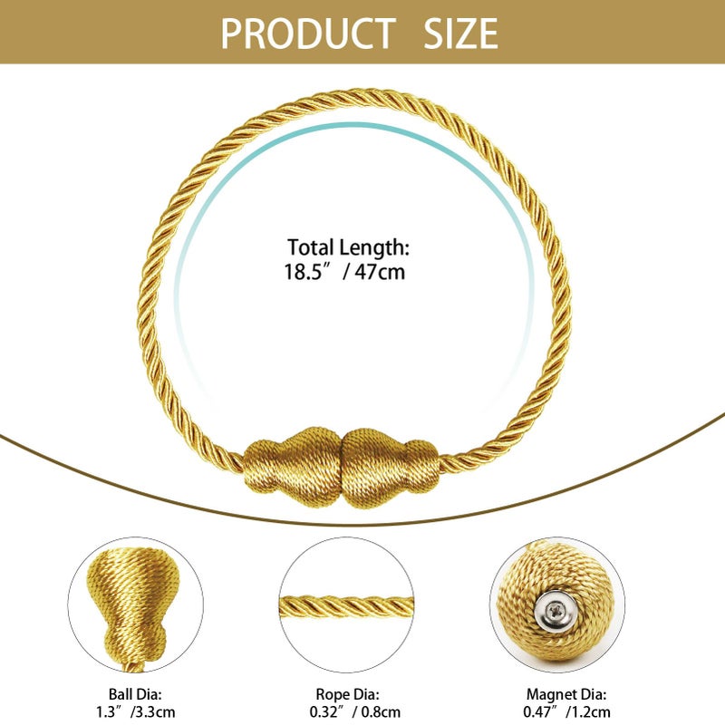 Nieffeiy Magnetic Curtain Tiebacks Outdoor Curtain Tie Backs Rope Decorative Magnetic Curtain Holders for Drapes Window Treatment Holdbacks, Gold 2Pack - Image 2