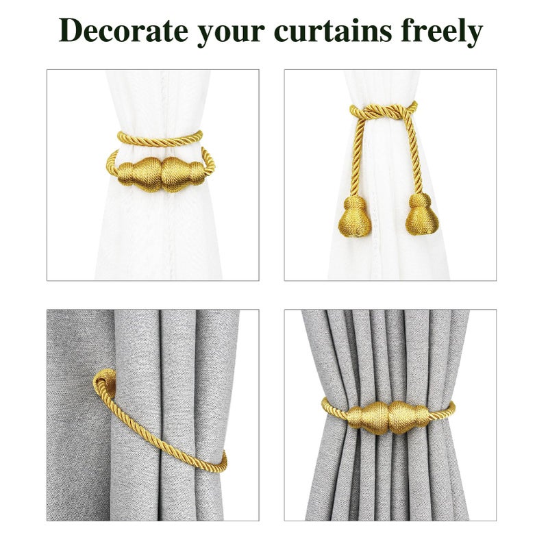 Nieffeiy Magnetic Curtain Tiebacks Outdoor Curtain Tie Backs Rope Decorative Magnetic Curtain Holders for Drapes Window Treatment Holdbacks, Gold 2Pack - Image 4