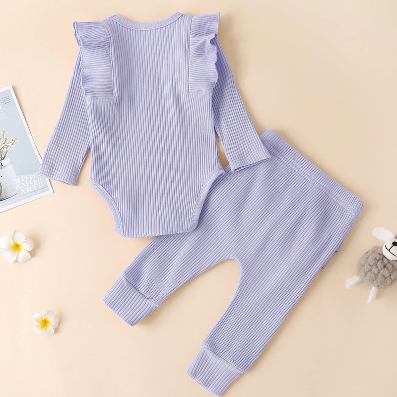 Fullfamous Newborn Infant Baby Girl Fall Winter Clothes Long Sleeve Onesie Clothing Pant Set Outfits Gifts 0-3 months Lavender - Image 3