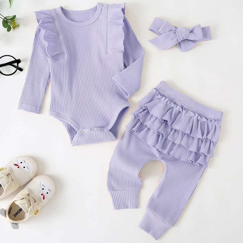 Fullfamous Newborn Infant Baby Girl Fall Winter Clothes Long Sleeve Onesie Clothing Pant Set Outfits Gifts 0-3 months Lavender - Image 2