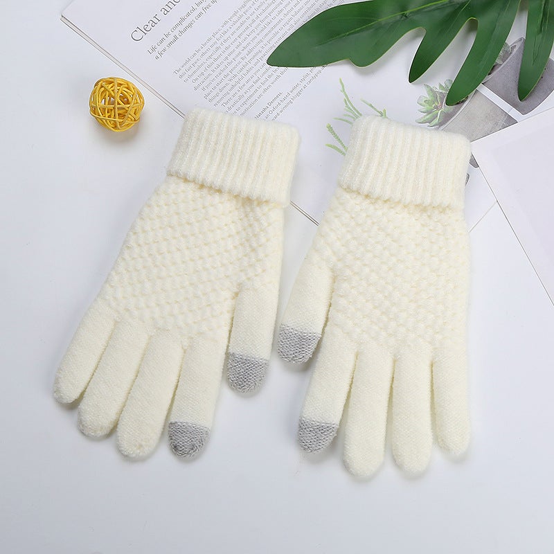 Factory Direct winter male and female students jacquard touch screen fleece-lined thickened couple warm gloves White
