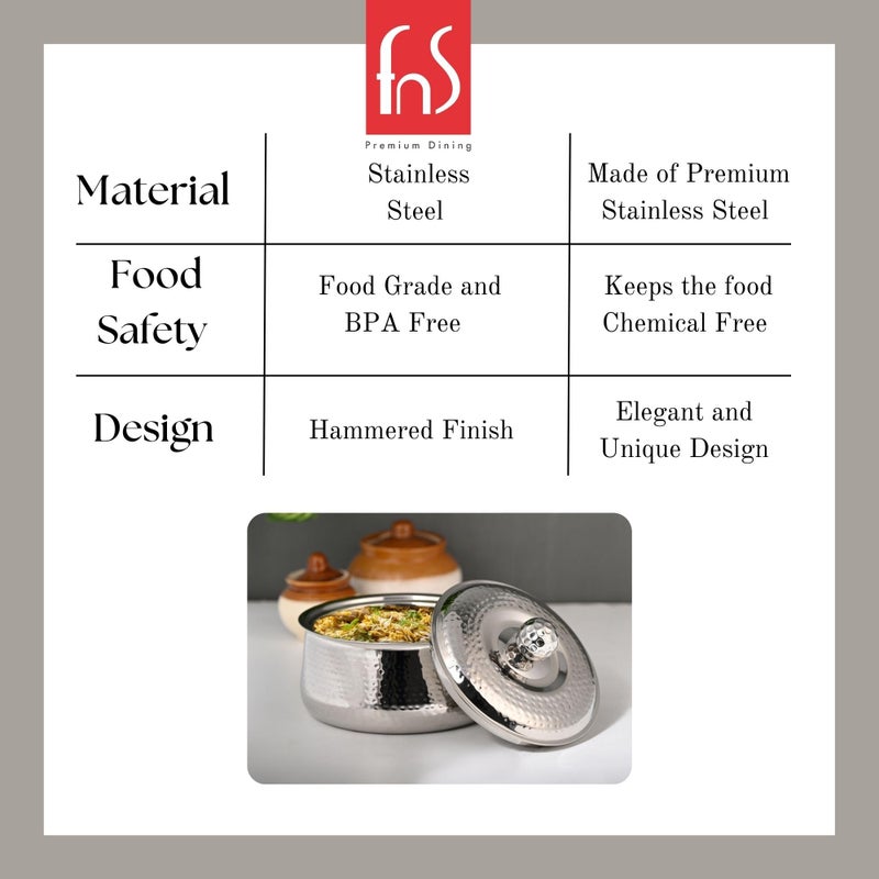 FNS Genoa Stainless Steel Double Wall Insulated Designer Casserole with Lid Elegant Hot Pot Food Warmer, Self Locking Press Lid, Hot Food Upto 8 Hours (2200 ml) - Image 3