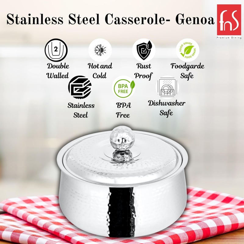 FNS Genoa Stainless Steel Double Wall Insulated Designer Casserole with Lid Elegant Hot Pot Food Warmer, Self Locking Press Lid, Hot Food Upto 8 Hours (2200 ml) - Image 2
