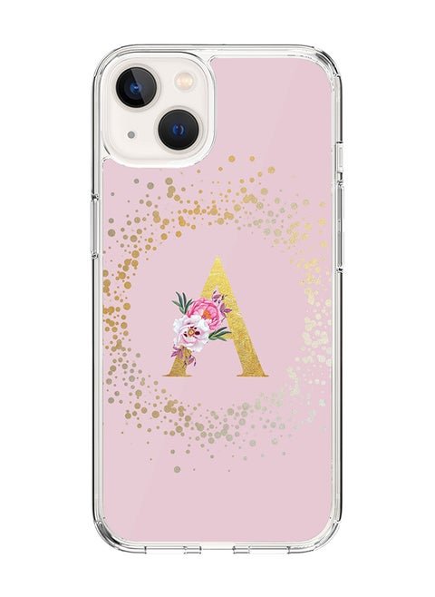 Classic Clear Case For iPhone 14 Plus, Hybrid Soft Case Flexible Edges Thin Cover- Custom Monogram Initial Letter Floral Pattern Alphabet - A (Pink)