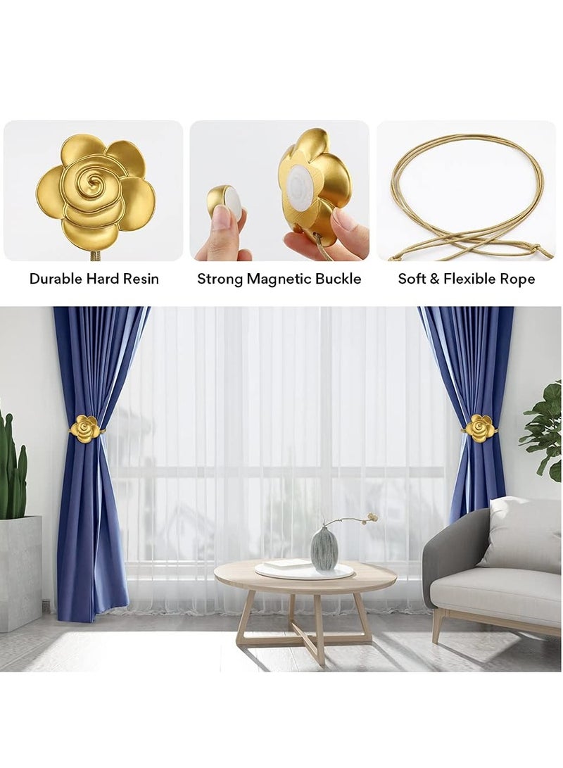 KASTWAVE Curtain Ties Magnetic, Aimou Resin Flower Curtain Tiebacks Vintage Curtain Drapery Holdbacks, Magnetic Window Drapery Decorative Holders with Rope for Outdoor, Home, and Office(2 Pack, Gold) - Image 3