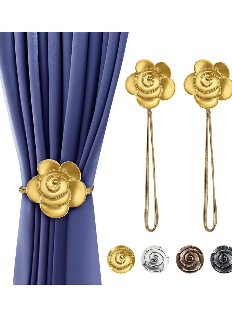 KASTWAVE Curtain Ties Magnetic, Aimou Resin Flower Curtain Tiebacks Vintage Curtain Drapery Holdbacks, Magnetic Window Drapery Decorative Holders with Rope for Outdoor, Home, and Office(2 Pack, Gold) - Image 1