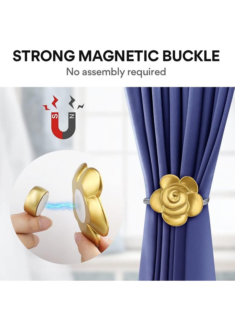 KASTWAVE Curtain Ties Magnetic, Aimou Resin Flower Curtain Tiebacks Vintage Curtain Drapery Holdbacks, Magnetic Window Drapery Decorative Holders with Rope for Outdoor, Home, and Office(2 Pack, Gold) - Image 2