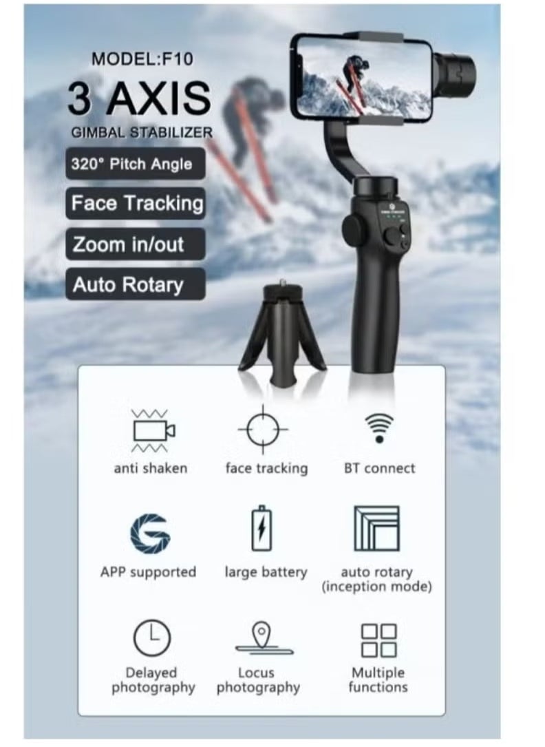ELTRAZONE F10 3-Axis Stabilizer Tripod for Smartphone – Smooth Video Recording, Anti-Shake, Adjustable Design, Perfect for Vlogging, Live Streaming, and Photography, Portable and Compact  - Image 2