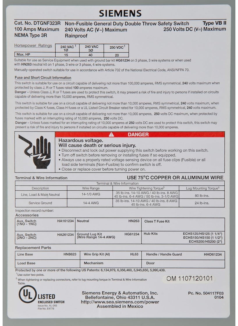 Siemens DTGNF323R 100Amp 3 Pole 240volt 3 Wire NonFused General Duty Double Throw Type 3R